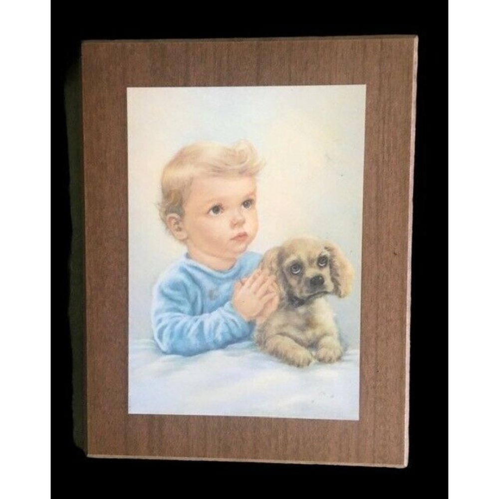 VIntage Little Boy and Puppy Praying at Bedtime Hanging Wall Plaque